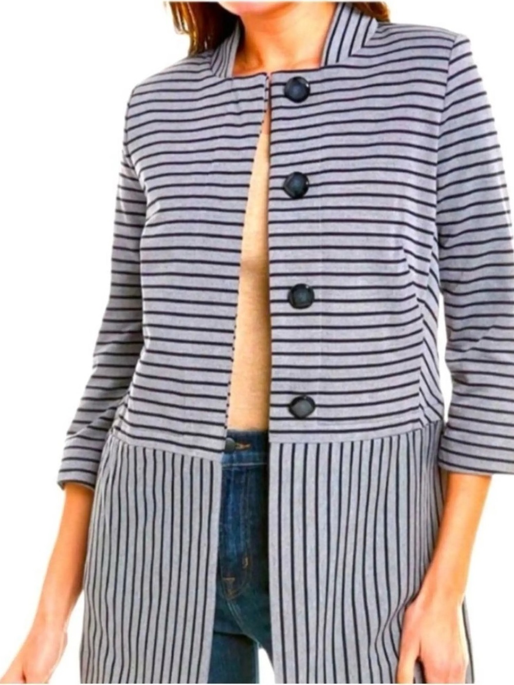CAbi Navy Striped Open-Front Jacket with Buttons